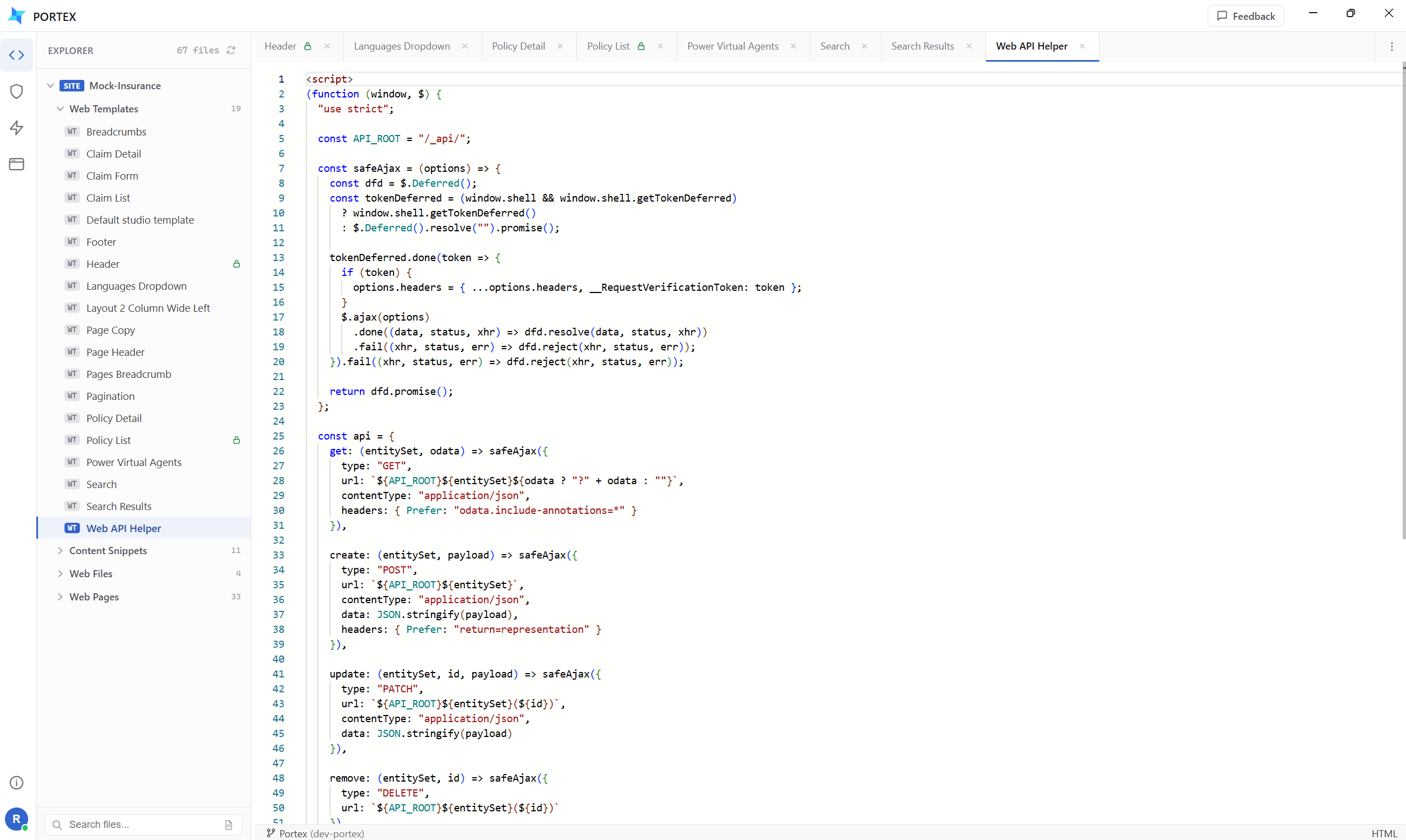 Portex code editor showing the Web API Helper web template beside the file tree for the Mock Insurance site.