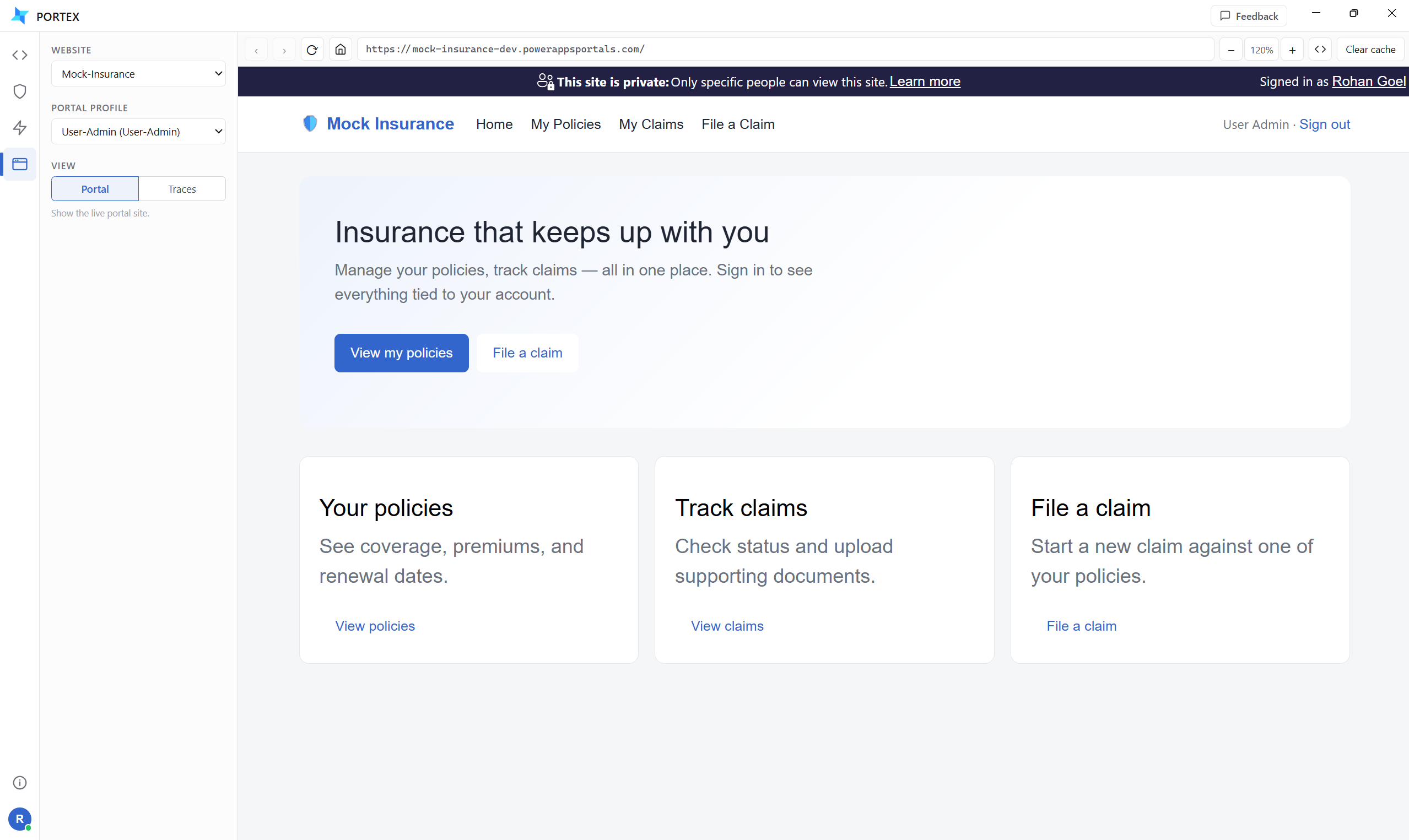 Live Mock Insurance portal signed in as User Admin, with the home page open inside Portex.
