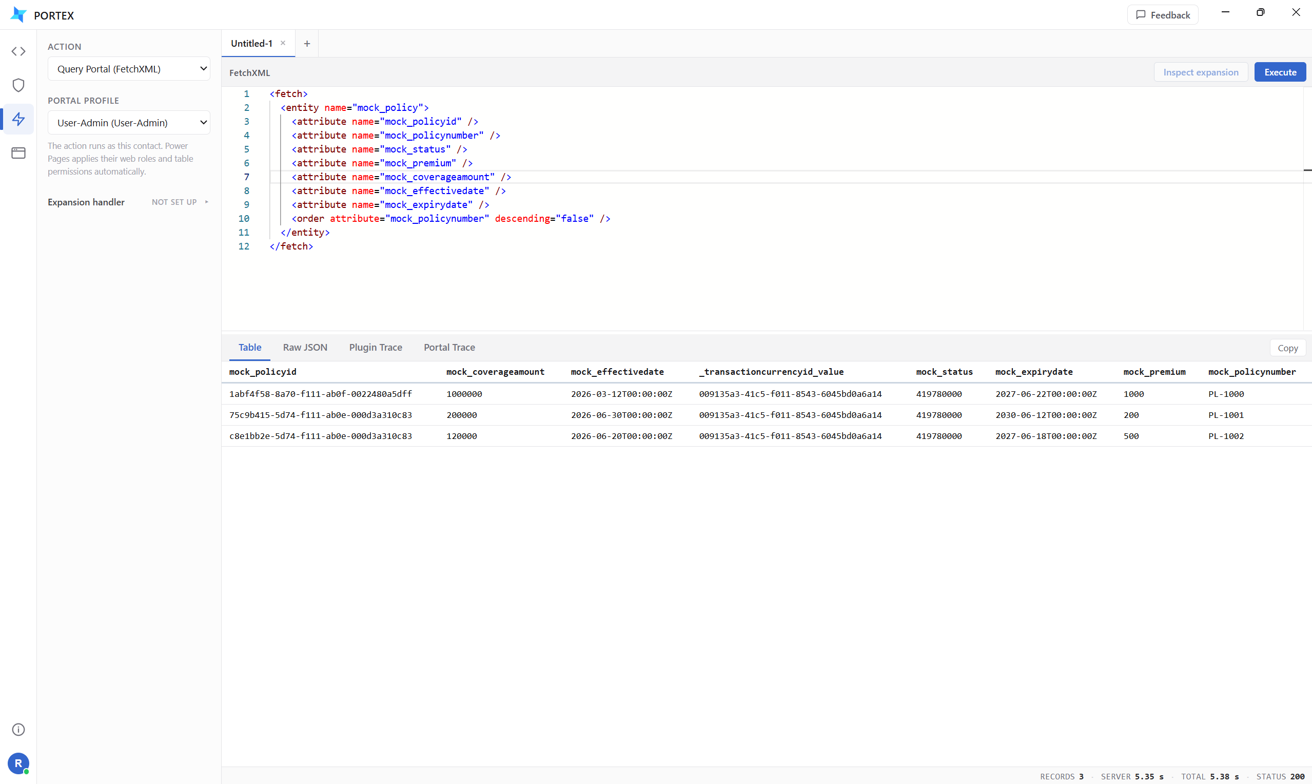 FetchXML query against mock policies, executed as the User-Admin portal contact, with three result rows.