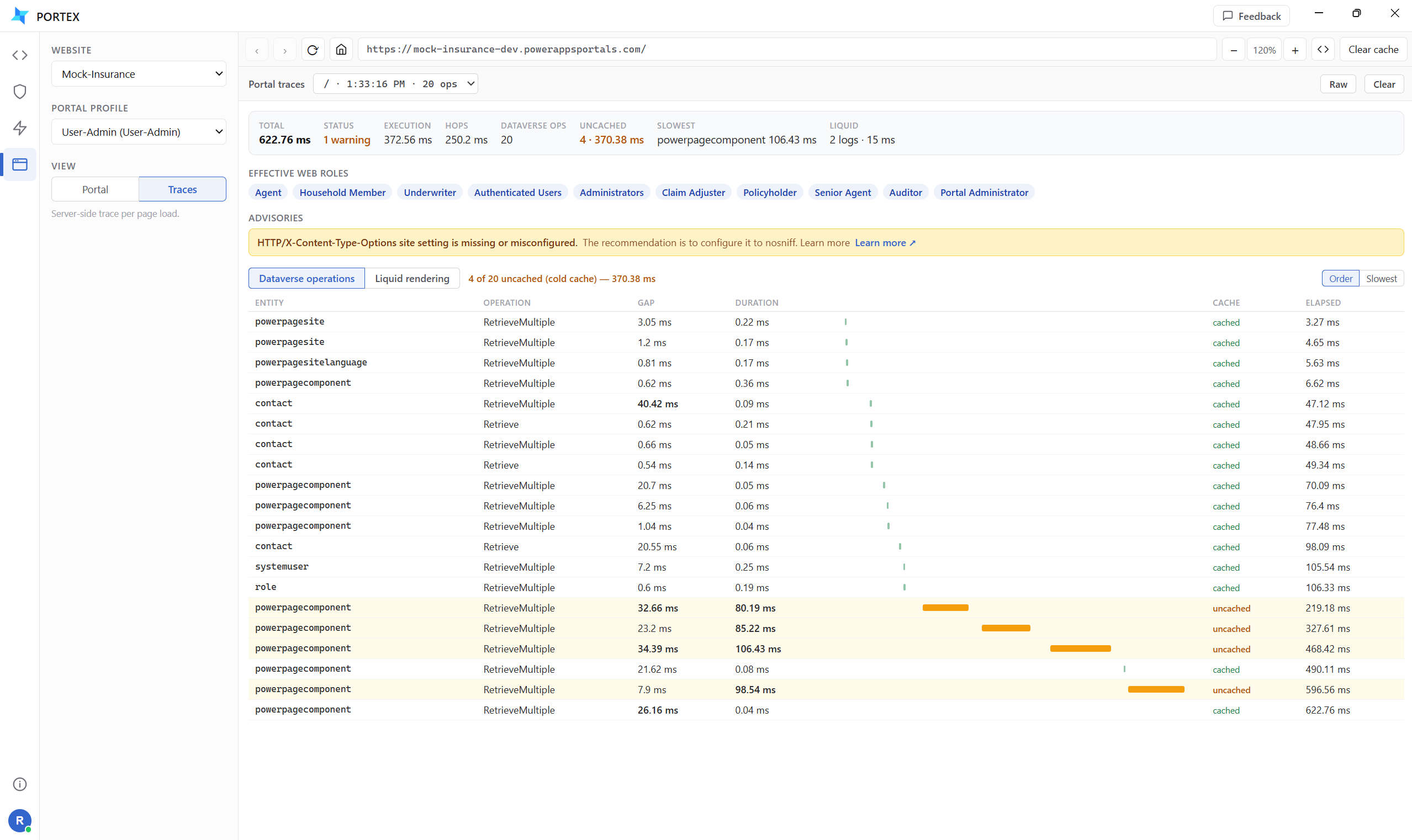Portal traces for a page load, listing Dataverse RetrieveMultiple calls with duration and cache state.